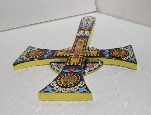 Крест требный четырехконечный, синяя эмаль, камни, 17х29 см, У-0924 фото 5