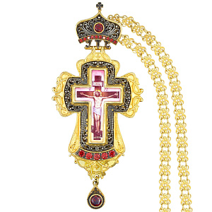 Крест наперсный серебряный, с цепью, позолота, красные камни (с чернением)