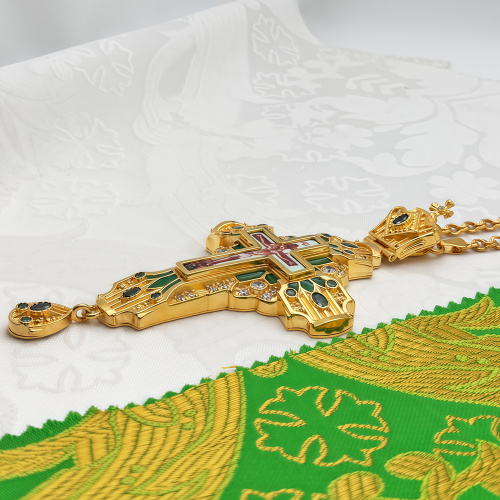 Крест наперсный из ювелирного сплава в позолоте, эмаль, фианиты, 7х14 см фото 4