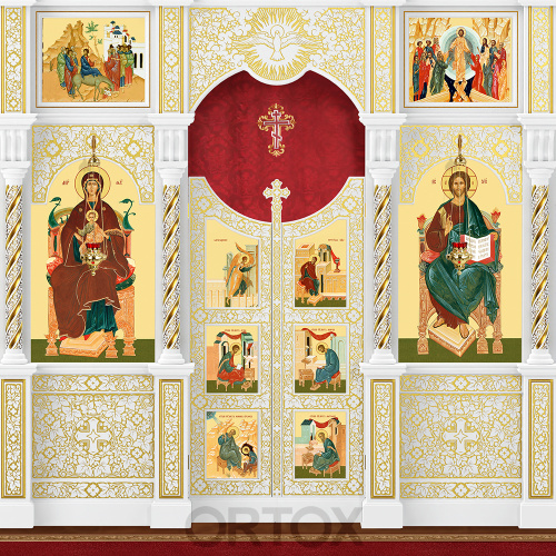 Иконостас "Владимирский" трехъярусный белый с золотом (патина), 690х620х40 см фото 5