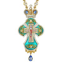 Крест наперсный серебряный, с украшениями, позолота, голубые фианиты, высота 15 см