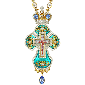 Крест наперсный серебряный с украшениями, позолота, голубые фианиты, высота 15 см (эмаль)