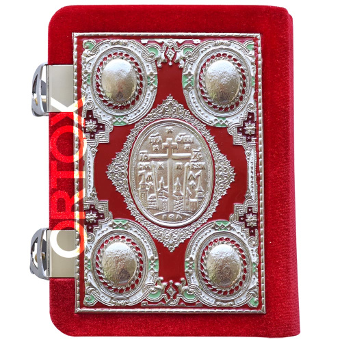 Евангелие требное малое красное, оклад "под серебро", бархат, эмаль, 12х16 см фото 2