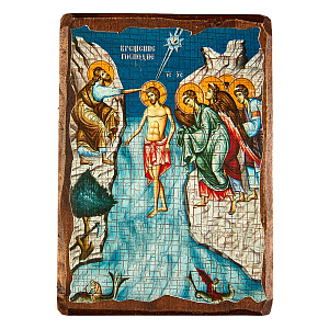 Икона Крещения Господня, под старину  (7х9 см, синий фон)