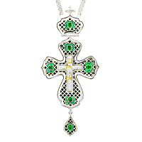 Крест наперсный серебряный, с цепью, позолота, зеленые фианиты, высота 17 см