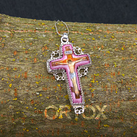 Серебряный крестик с распятием, финифть и роспись