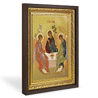 Икона Святой Троицы, в широком багете, цвет "темный дуб", на холсте, с золочением