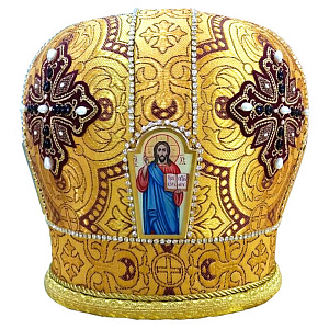 Митра желтая из парчи с иконами, вышивка, камни (печатные иконы)