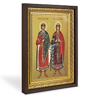 Икона благоверных князей-страстотерпцев Бориса и Глеба, в широком багете, цвет "темный дуб", на холсте, с золочением
