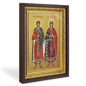 Икона благоверных князей-страстотерпцев Бориса и Глеба, в широком багете, цвет "темный дуб", на холсте, с золочением (33,5х42,2 см (под икону А4))