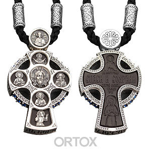 Нательный крест деревянный в серебряном окладе, 3,5х6,1 см, с ликами святых (с гайтаном)