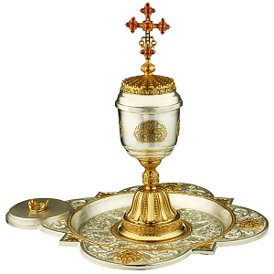 Елейница / чаша для елеопомазания из ювелирного сплава в серебрении, с позолотой и фианитами (красные фианиты)