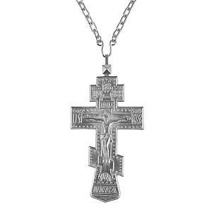 Крест наперсный латунный в серебрении, с цепью, 6х12 см (гравировка)