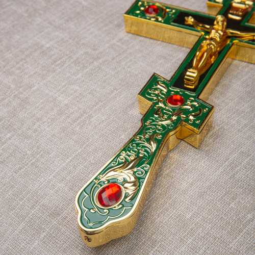 Крест напрестольный, зеленая эмаль, красные камни, 14х26 см фото 5