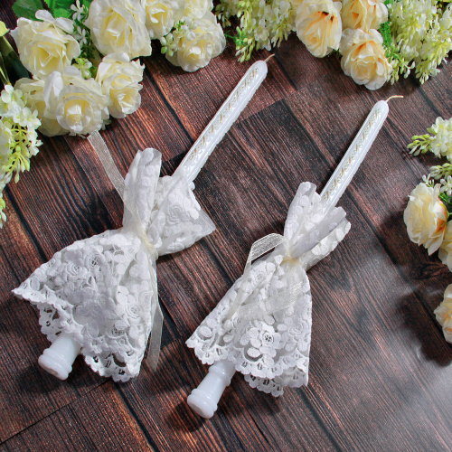 Венчальный комплект "Незабудка": рушник и салфетки для свечей (2 шт.), атлас, фатин фото 3