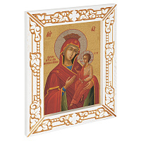 Икона Божией Матери "Скоропослушница", в узкой резной раме, белая с золотом (патина), холст с золочением, ширина рамы 7 см