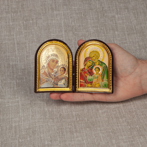 Складень с ликами Божией Матери "Иерусалимская" и "Святое Семейство", арочной формы, 6,4х8,4 см фото 5