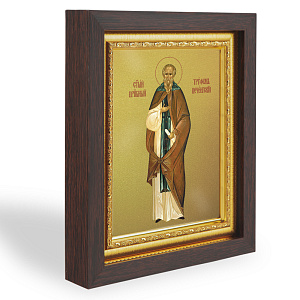 Икона преподобного Трифона Печенгского, в узком багете, цвет "темный дуб", на холсте, с золочением  (14,3х17,4 см (под икону А7))