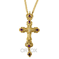 Крест наперсный латунный с позолотой, фиолетовые камни, 7х15,5 см