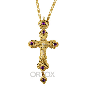 Крест наперсный латунный с позолотой, фиолетовые камни, 7х15,5 см (без цепи)