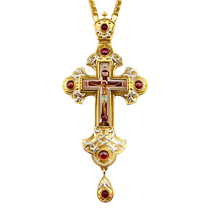 Крест наперсный латунный в позолоте и серебрении, с цепью, фианиты, 7,5х16 см (красные фианиты)