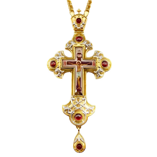 Крест наперсный латунный в позолоте и серебрении, с цепью, фианиты, 7,5х16 см