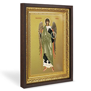 Икона Архангела Гавриила, в широком багете, цвет "темный дуб", на холсте, с золочением №2 (33,5х42,2 см (под икону А4))