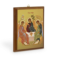 Икона Святой Троицы на деревянной основе, цвет "кипарис", на холсте с золочением