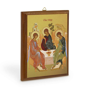 Икона Святой Троицы на деревянной основе, цвет "кипарис", на холсте с золочением (9х12 см (под икону А7))