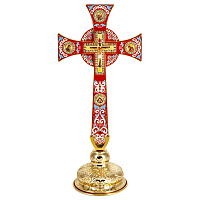 Крест требный латунный четырехконечный, красная эмаль, камни, 17х29 см, У-0732
