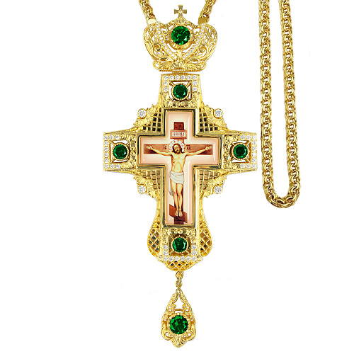 Крест наперсный из ювелирного сплава в позолоте с цепью, с фианитами, 8,5х18 см