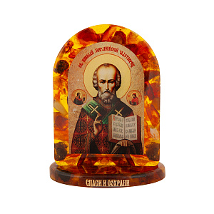 Икона настольная святителя Николая Чудотворца, смола с янтарем, 4,5х6 см (на подставке)