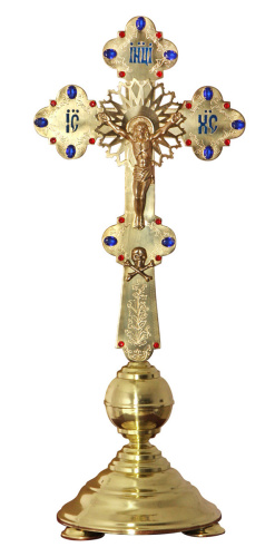 Крест настольный большой с подставкой, латунь, фианиты, эмаль, 28х70 см, №1, У 3-1419 Крест настольный большой с подставкой, латунь, фианиты, эмаль, 28х70 см, №1, У 3-1419