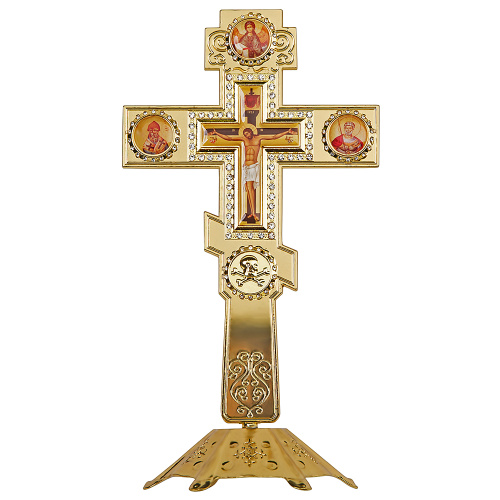 Крест настольный из цинкового сплава, белые камни, цвет "под золото", 10х18,6 см