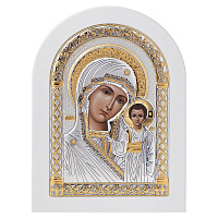 Икона греческая Божией Матери "Казанская", арочной формы на белой деревянной основе, металлический о