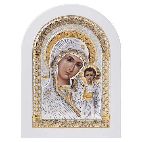 Икона греческая Божией Матери "Казанская", арочной формы на белой деревянной основе, металлический о