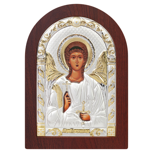 Икона греческая Ангела Хранителя, арочной формы на темной деревянной основе, металлический оклад, 15