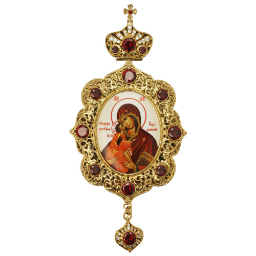 Панагия из ювелирного сплава в позолоте с цепью, белые и голубые фианиты фото 2