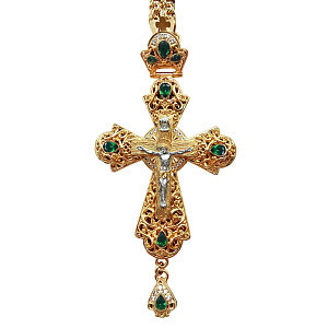 Крест наперсный из ювелирного сплава в позолоте с цепью, фианиты, 7х14 см (сиреневые фианиты)
