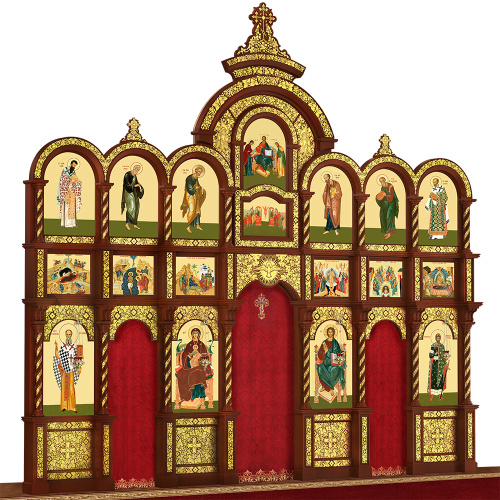 Иконостас деревянный резной "Владимирский" трехъярусный, цвет "кипарис" с золотом (поталь), 690х620х40 см фото 3 Иконостас деревянный резной "Владимирский" трехъярусный, цвет "кипарис" с золотом (поталь), 690х620х40 см фото 3