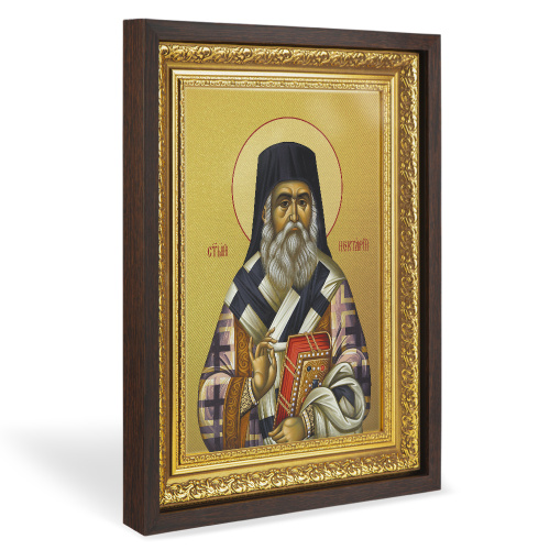 Икона святителя Нектария Эгинского, Пентапольского, в широком багете, цвет "темный дуб", на холсте, с золочением