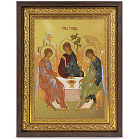 Икона Святой Троицы, в широком багете, цвет "темный дуб", на холсте, с золочением
