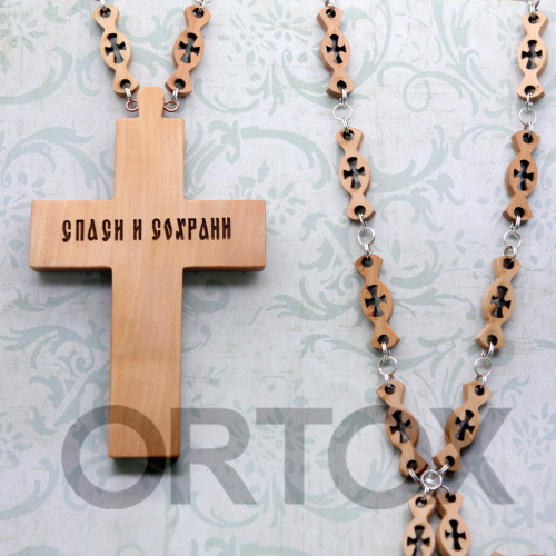 Крест наперсный деревянный резной, с цепью, средний, 7х11,5 см фото 2