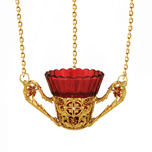 Лампада подвесная из ювелирного сплава в позолоте, с фианитами и эмалью (красный стаканчик)