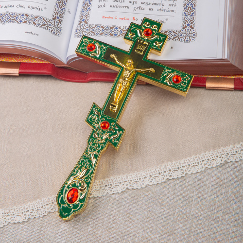 Крест напрестольный, зеленая эмаль, красные камни, 14х26 см фото 2
