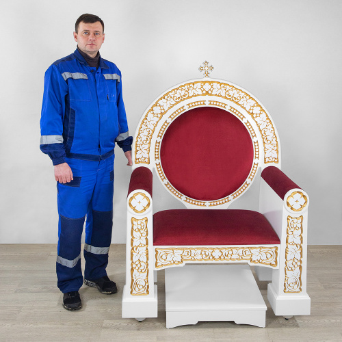 Архиерейский трон "Владимирский" белый с золотом (патина), 104х70х149 см фото 12