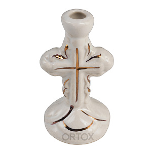 Подсвечник настольный керамический "Крест малый", белый с золотом, высота 5,5 см (на 1 свечу)