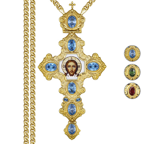 Крест наперсный из ювелирного сплава в позолоте с цепью, деколь, фианиты, 8х16,5 см
