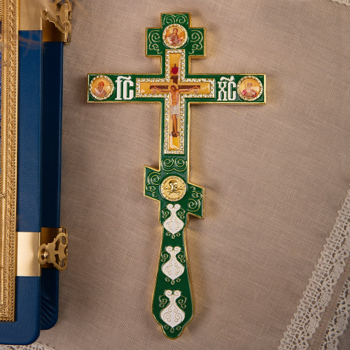 Крест напрестольный, цинковый сплав, зеленая эмаль, камни, 14,5х26 см фото 2
