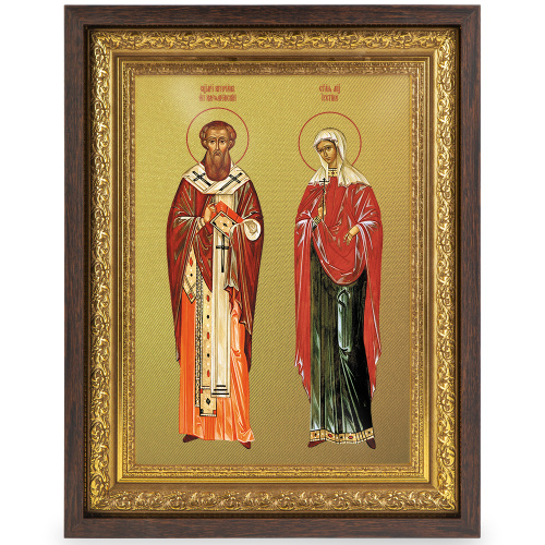 Икона священномученика Киприана и мученицы Иустины Антиохийских, в широком багете, цвет "темный дуб", на холсте, с золочением фото 2